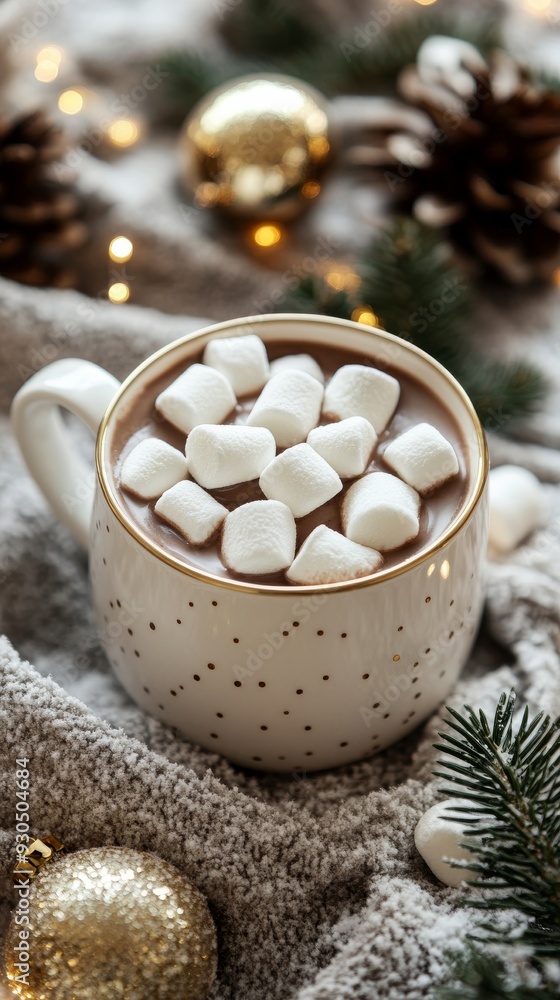 Mug filled with hot chocolate with marshmallows on cozy blanket for christmas Mug filled with hot chocolate with marshmallows on cozy blanket for christmas