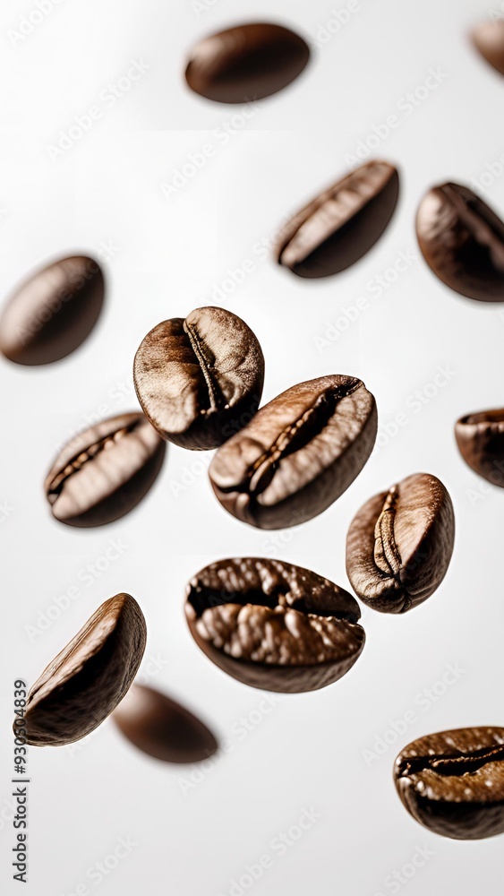Flying Coffee Beans: Dynamic, Energy, Fresh Roast, White Background Flying Coffee Beans: Dynamic, Energy, Fresh Roast, White Background