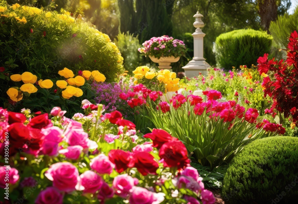 Obraz premium vibrant memorial blooms serene garden setting surrounded lush greenery colorful flowers, arrangement, blossoms, botanical, bright, composition, display