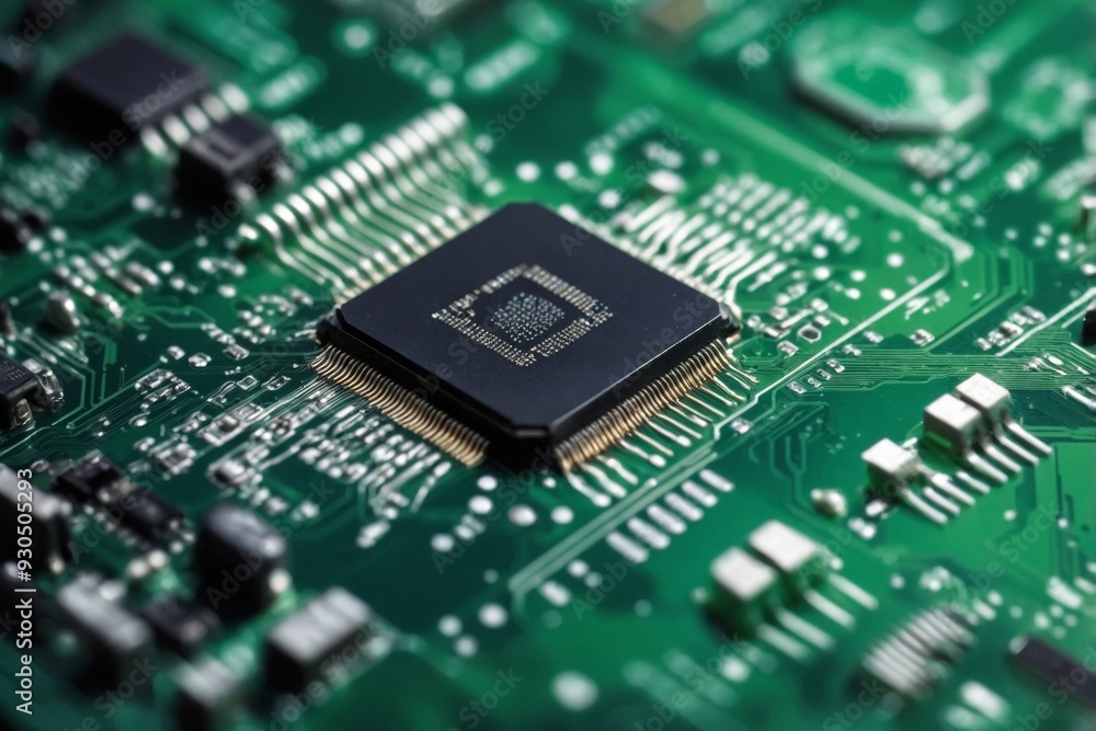 Close-up of black microchip on green circuit board Close-up of black microchip on green circuit board