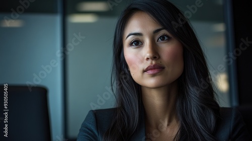 Close-up portrait of a woman with long black hair, looking up and slightly to the right.