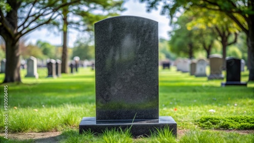 A solemn black gravestone standing in a cemetery, symbolizing death and loss