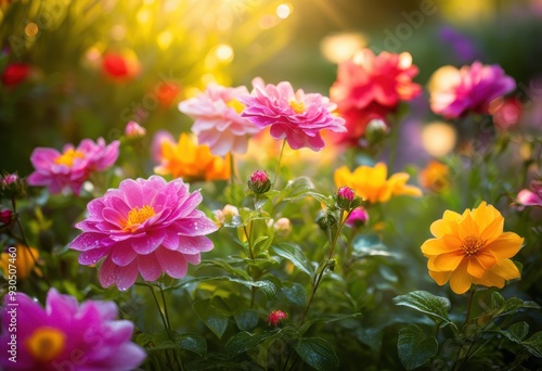 vibrant flower blooms illuminated gentle morning light lush garden setting, petal, nature, plant, botanical, blossom, beauty, flora, landscape, view