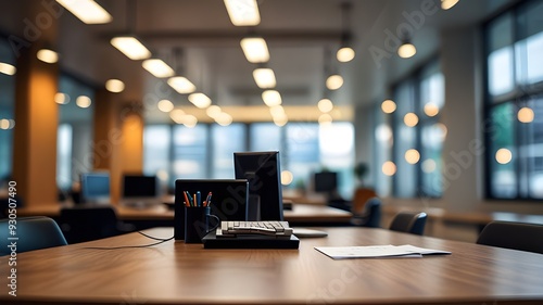 Wallpaper Mural Modern Office Interior with Wooden Desk in Focus Torontodigital.ca