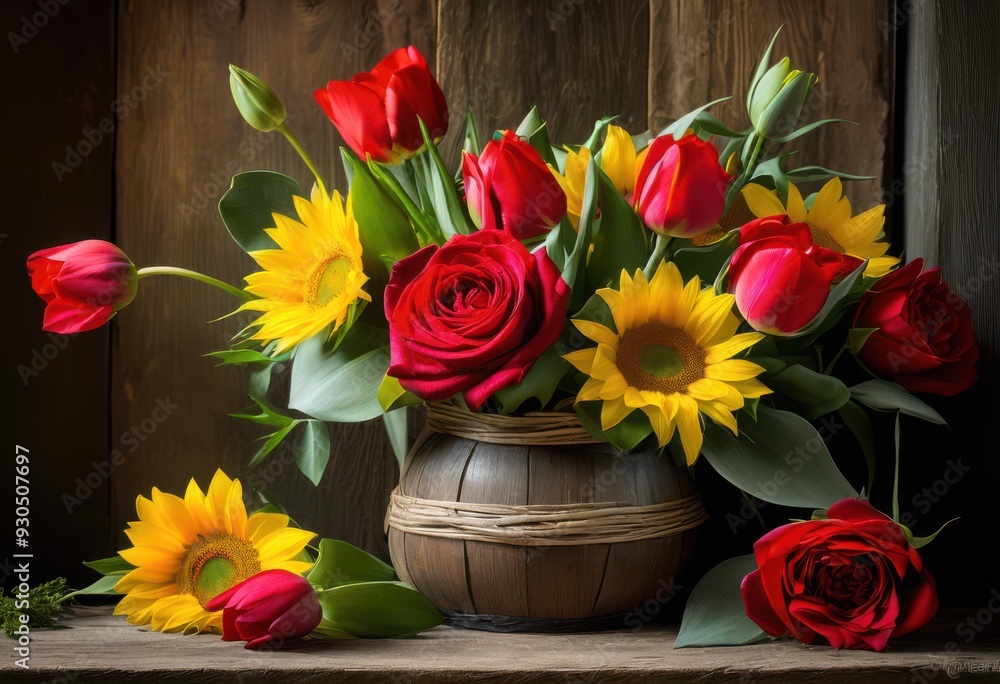 Fototapeta premium vibrant colorful floral arrangements displayed textured backgrounds artistic home decor, flowers, design, nature, aesthetics, style, petals, blooms, visuals