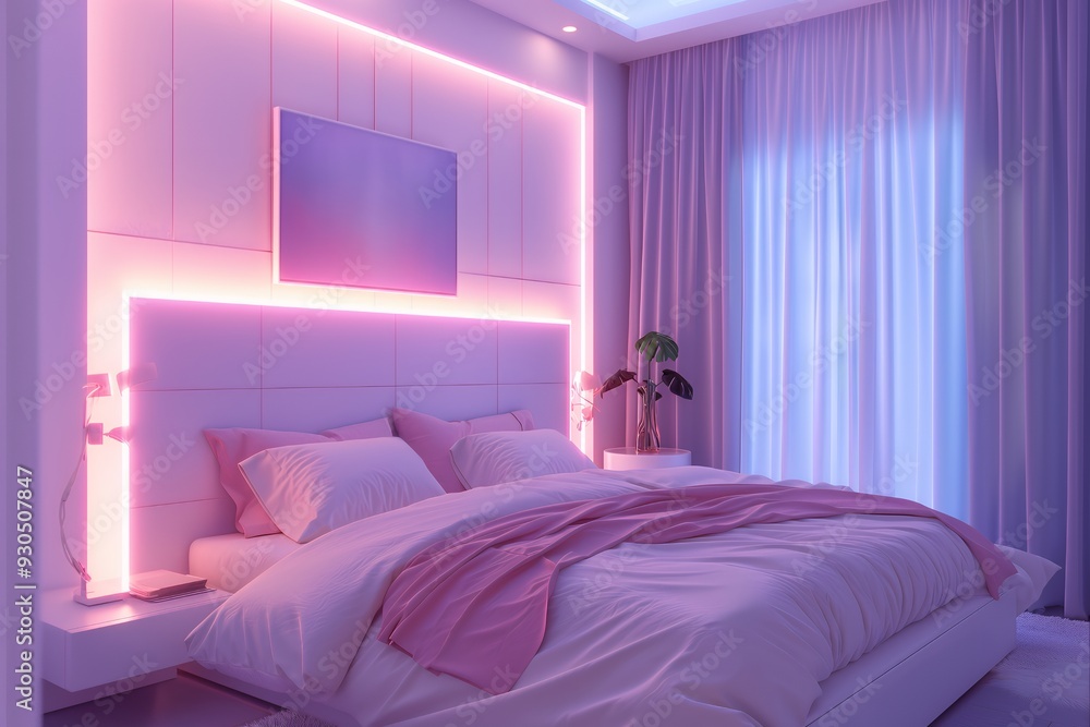 A modern bedroom with pink lighting, a large bed, and a television. A modern bedroom with pink lighting, a large bed, and a television.