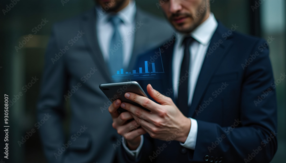 Skilled business negotiator finalizing important deals using a digital device while dressed in a sophisticated suit with a confident demeanor, upper body only Skilled business negotiator finalizing important deals using a digital device while dressed in a sophisticated suit with a confident demeanor, upper body only