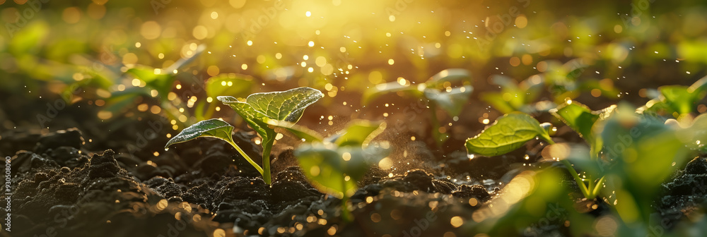 Young green plants sprouting in soil with sunlight and water droplets banner. Panoramic web header. Wide screen wallpaper Young green plants sprouting in soil with sunlight and water droplets banner. Panoramic web header. Wide screen wallpaper