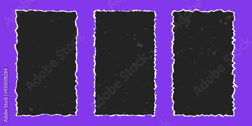 Set of vertical black rectangular frames made of torn paper with vintage gritty texture, vector elements with jagged edges isolated on purple background. Old ripped paper.