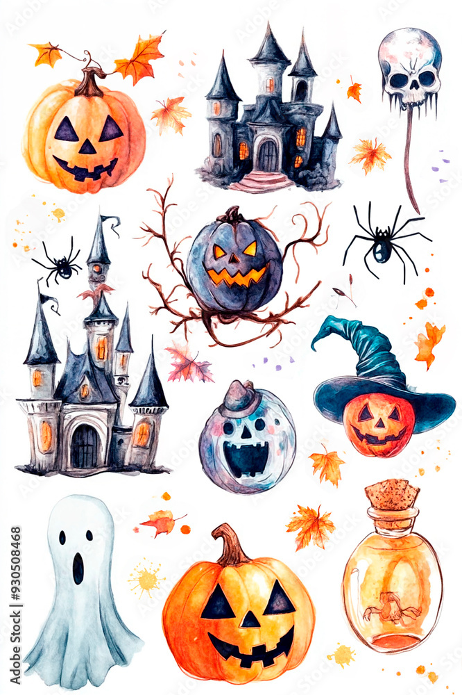 Halloween watercolor illustration. Jack o lanterns, pumpkins, ghost, bats, spider, castle Halloween watercolor illustration. Jack o lanterns, pumpkins, ghost, bats, spider, castle