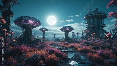 Wallpaper Mural The land of futuristic research stations linked to the nature of an alien planet shows its unusual face Torontodigital.ca