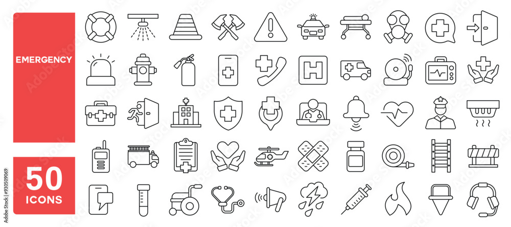 Set of 50 line icons related to emergency, first aid, medical, exit, hospital, lifebuoy, accident, evacuation, ambulance, help, hotline, Editable stroke. Vector illustration Set of 50 line icons related to emergency, first aid, medical, exit, hospital, lifebuoy, accident, evacuation, ambulance, help, hotline, Editable stroke. Vector illustration