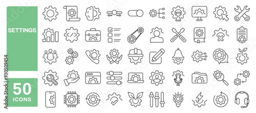 Set of 50 line icons related to settings, gear, configuration, preferences, adjustments, optimization, control panel, maintenance, service, tools, wrench, Editable stroke. Vector illustration