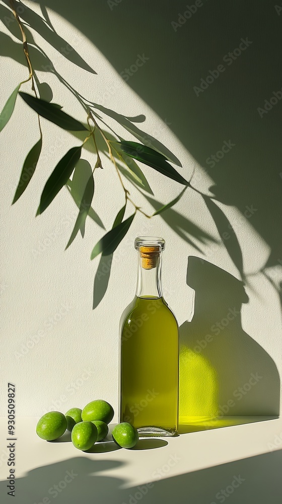 Olive branch casting a shadow over a bottle of olive oil Olive branch casting a shadow over a bottle of olive oil