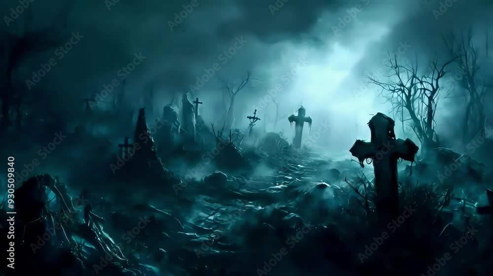 A dark, eerie graveyard scene shrouded in mist and shadows. A dark, eerie graveyard scene shrouded in mist and shadows.