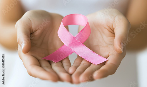 Hands cupping pink ribbon against white background, breast cancer awareness symbol or women's health support gesture, compassionate offering for hope and solidarity in cancer fight