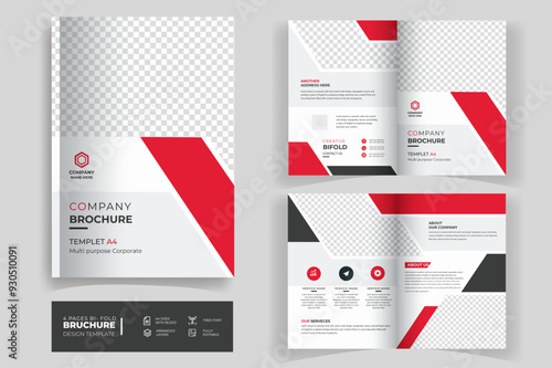 Corporate business or creative Portfolio editable 4 page bi fold Brochure design template or annual report. 
Multipurpose universal template, including cover, 4 pages. Trendy red or colourful design.
