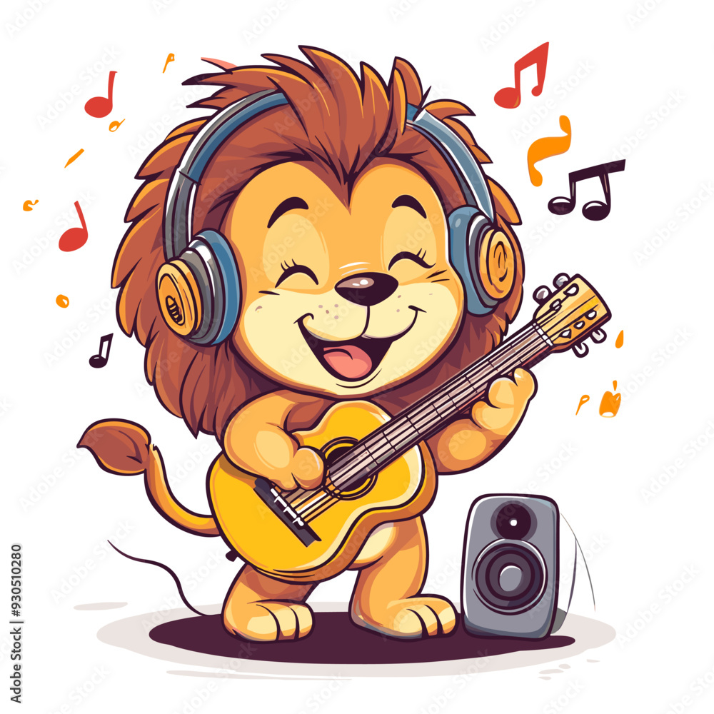 vector lion playing guitar flat style on solid background . Generative AI vector lion playing guitar flat style on solid background . Generative AI