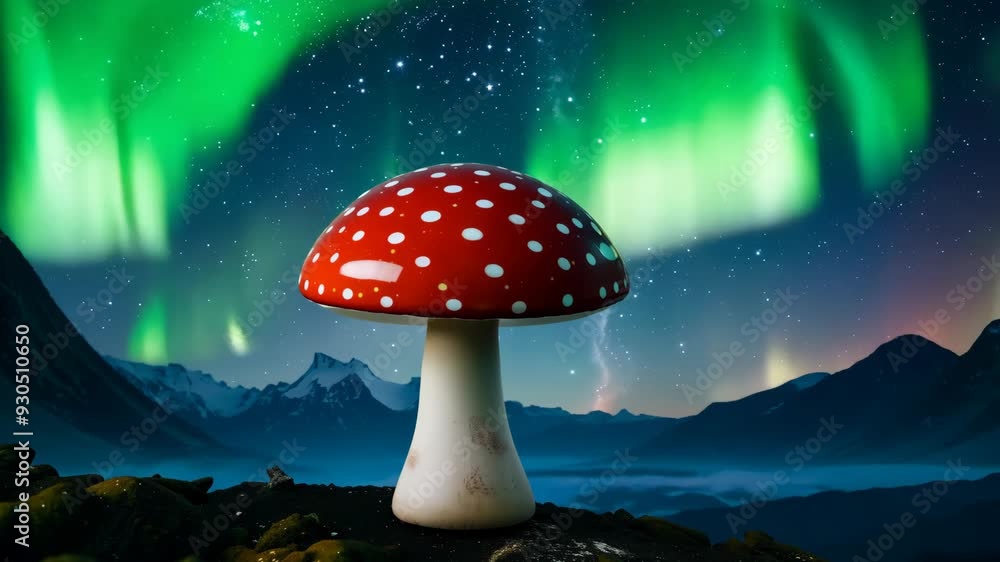 Bright red mushroom under mesmerizing northern lights in a mountain landscape Bright red mushroom under mesmerizing northern lights in a mountain landscape