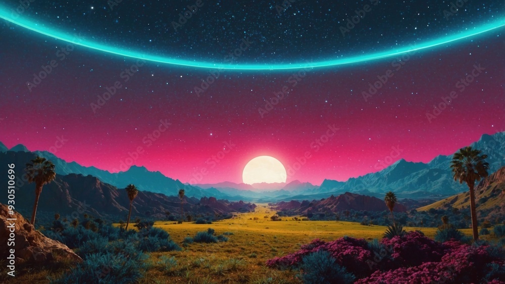 Fototapeta premium Wallpaper in pop style, the desert combines with the mountains and the sun over them