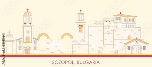 Cartoon Skyline panorama of town of Sozopol, Bulgaria - vector illustration