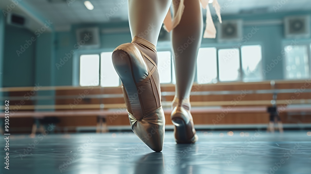 A dancer performing on pointe shoes in a ballet studio. A dancer performing on pointe shoes in a ballet studio.