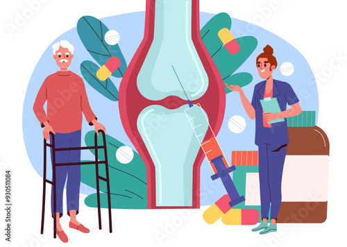 Treatment of joints. Woman in medical uniform and elderly man near Xray of his knee. Injection and vaccine. Health care and medicine. Flat vector illustration isolated on white background