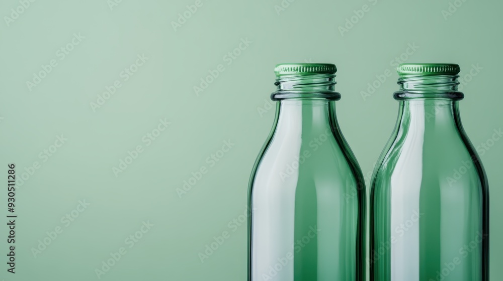 This image features two green glass bottles placed closely together against a solid light green background, creating a simple yet elegant composition. This image features two green glass bottles placed closely together against a solid light green background, creating a simple yet elegant composition.