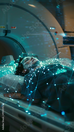 Medical imaging process with digital overlay in a hospital setting during a health examination, MRI scanner,