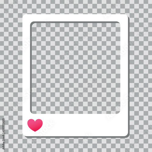 Empty photo frame isolated on transparent background. Blank photo border decorated with heart. Vector illustration