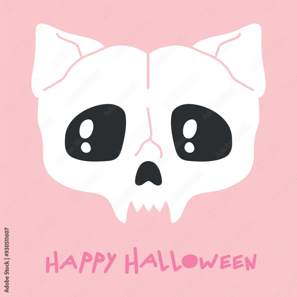 Fototapeta premium Happy Halloween greeting card with a Hand drawn cat skull isolated on pink background. Vector illustration