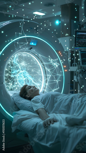 Patient undergoing CT scan with digital overlay in a modern medical facility, MRI scanner,