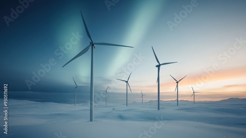 Obraz na płótnie Several modern wind turbines are pictured against the backdrop of a night sky, showing a hint of aurora borealis. The landscape is blanketed in snow bathed in twilight glow. w salonie