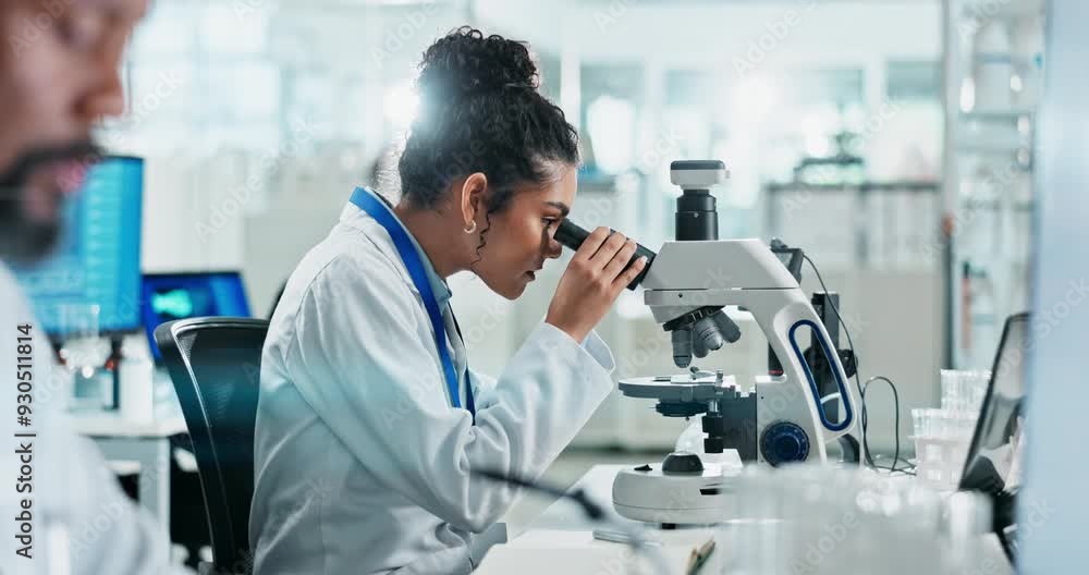 Woman, lab or microscope for science research or clinical investigation, innovation in healthcare. Female scientist, wellness study and digital technology, check on particles or medical test for drug Woman, lab or microscope for science research or clinical investigation, innovation in healthcare. Female scientist, wellness study and digital technology, check on particles or medical test for drug