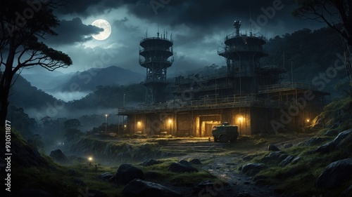 Beautiful game art wallpaper dark military base in night mountains