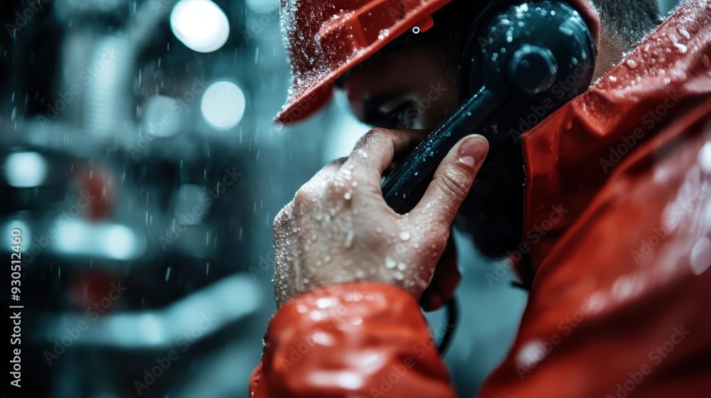 Fototapeta premium A worker dressed in red rain gear is using a phone while standing in a rainy environment, highlighting themes of communication, dedication, and the harshness of outdoor work.