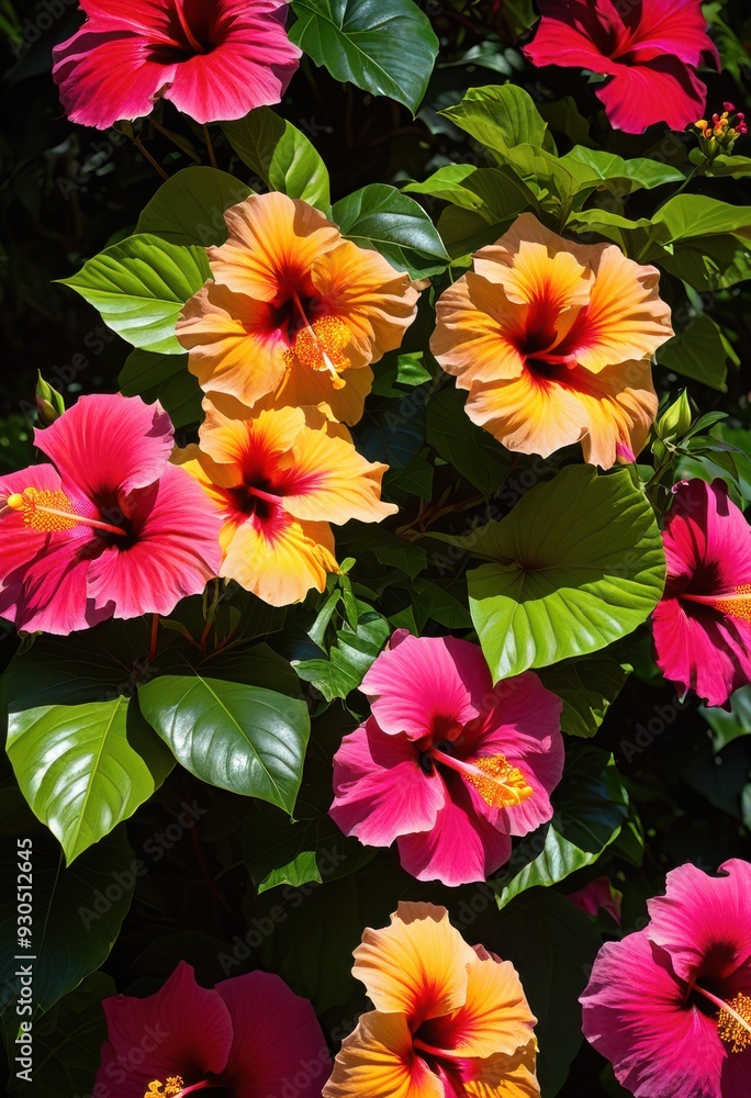 Obraz premium colorful hibiscus flowers surrounded lush green leaves creating tropical paradise scene, vibrant, botanical, bloom, garden, flora, plant, exotic, bright