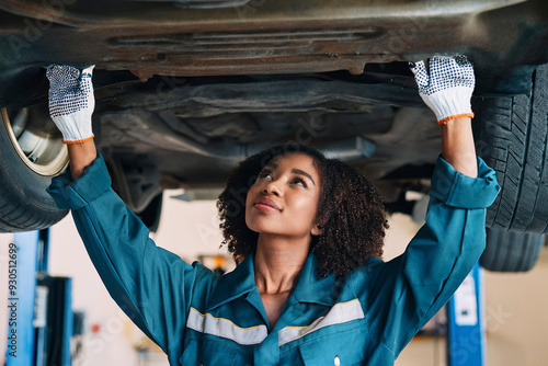 Automechaniker arbeitet unter einem Auto photo