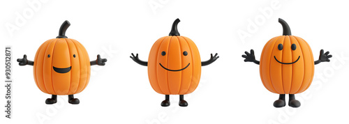 Set of three smiling cartoon pumpkins with black limbs isolated on a transparent background, perfect for Halloween designs