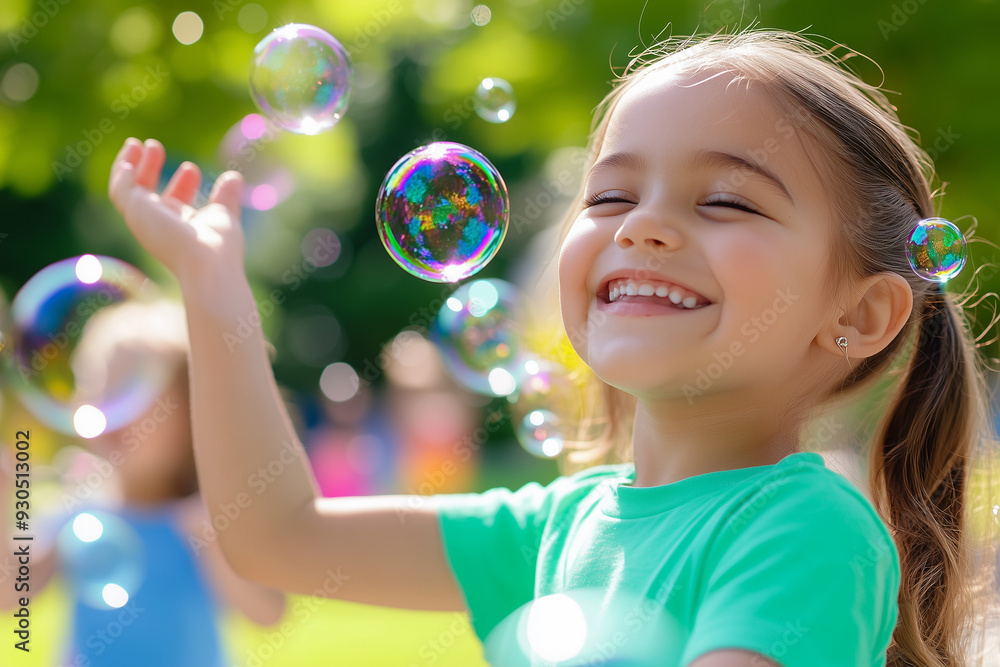 A group of children playing with bubbles in a park, their faces lit up with happiness A group of children playing with bubbles in a park, their faces lit up with happiness