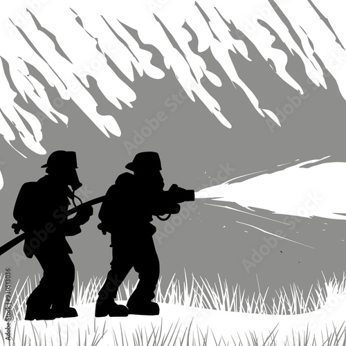 Silhouette of Firefighters Battling Fire - Vector Art Illustration