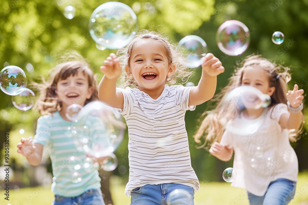 A group of children playing with bubbles in a park, their faces lit up with happiness A group of children playing with bubbles in a park, their faces lit up with happiness