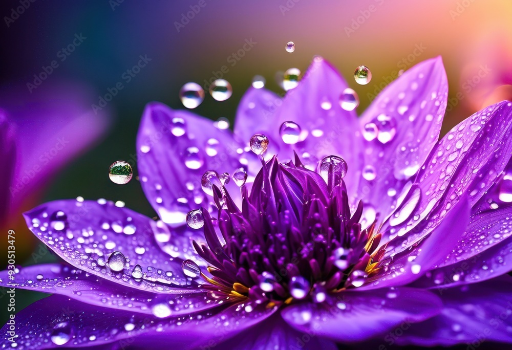 Obraz premium close vibrant purple flower dewy water beads glimmering petals, nature, vibrancy, botanical, flora, texture, macro, blossom, garden, organic, beauty, leaf