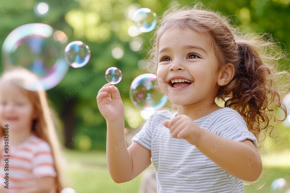 A group of children playing with bubbles in a park, their faces lit up with happiness A group of children playing with bubbles in a park, their faces lit up with happiness