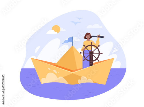 Vision of future concept. Woman with telescope on paper boat in sea or ocean. Businesswoman boat captain. Leadership and success. Business planning and goal setting. Flat vector illustration