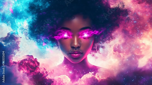 Wallpaper Mural Cosmic Goddess - Black woman with pink eyes radiating vibrant energy in swirling galaxy background, 3D render Torontodigital.ca