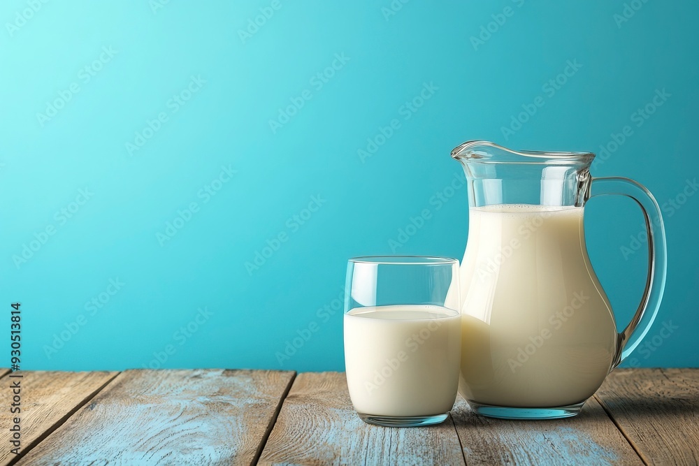 Milk in jug and glass on wooden table and blue background. Concept of farm dairy products, milk day. Kitchen or supermarket mock up for design. Copy space. Generative ai Milk in jug and glass on wooden table and blue background. Concept of farm dairy products, milk day. Kitchen or supermarket mock up for design. Copy space. Generative ai