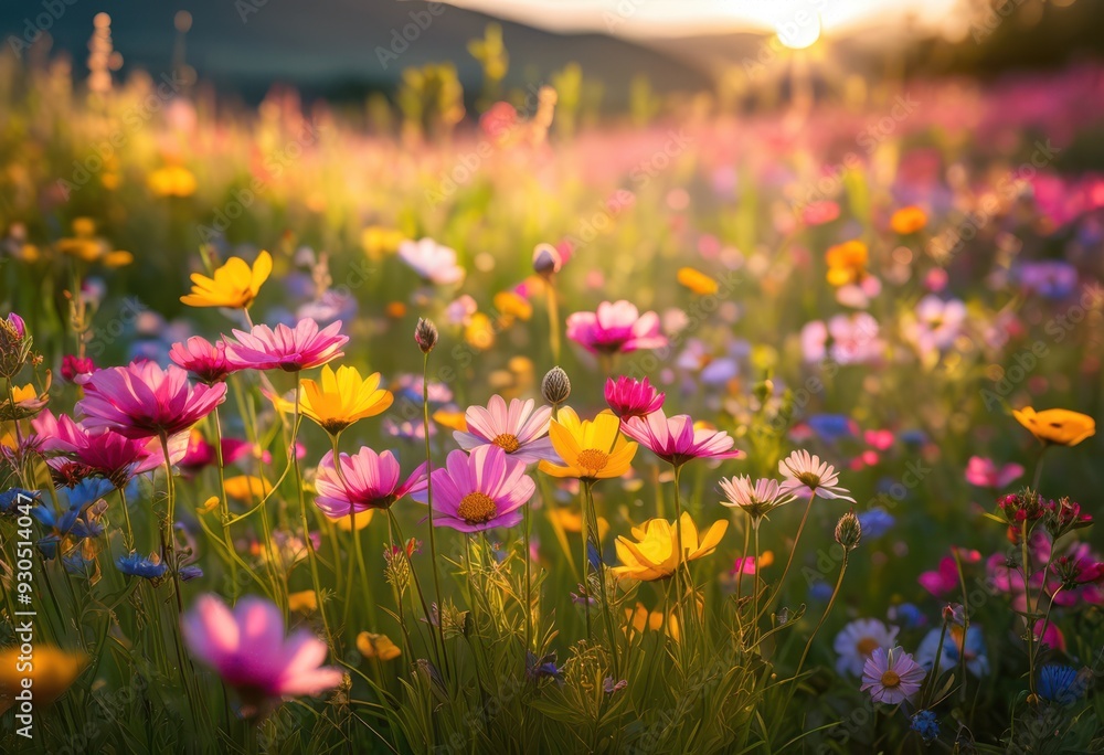 Obraz premium vibrant flower meadow bathed soft sunlight showcasing colorful array blossoms natural beauty, blooms, flowers, wildflowers, petals, garden, spring, flora