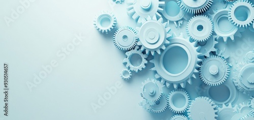 A collection of blue gears on a light background, symbolizing technology, engineering, and innovation in mechanical design. photo