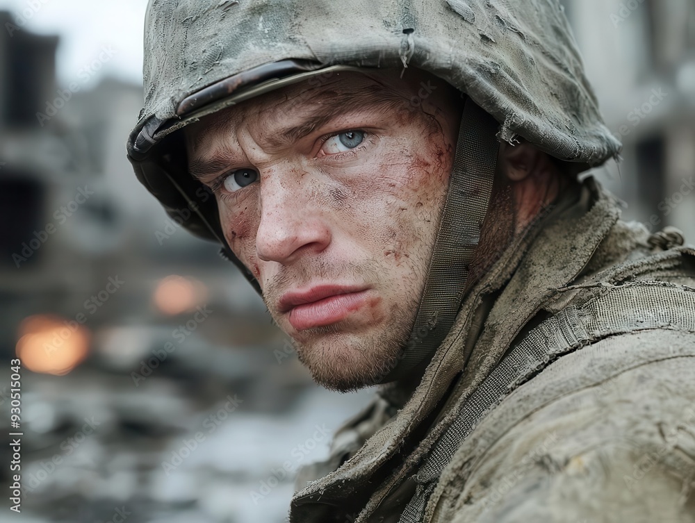 Fototapeta premium Shell-shocked soldier in torn uniform, distant explosions, haunted eyes, ruins of war-torn city, raw emotional trauma, photo realistic.